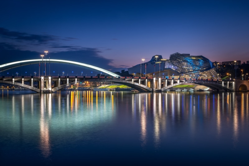 the evening, Lyon, France, Museum merger, lights, 1080P, Museum, the Confluences