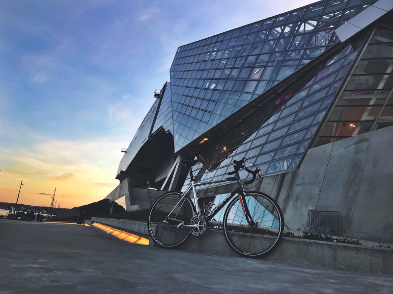 building, architecture, sunset, bike, wheel, musée des confluences, city, transportation, france, cloud - sky, lyon, no people, low angle view, day, outdoors