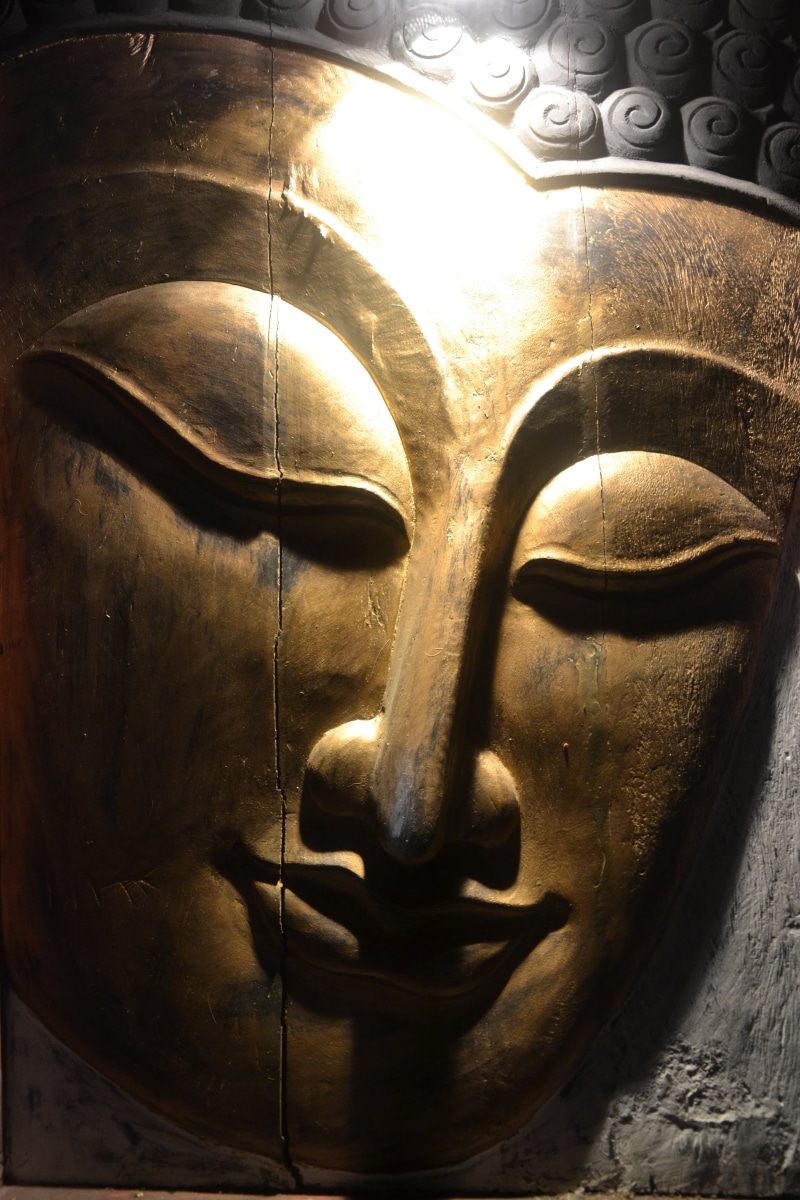 carving, temple, art and craft, male likeness, 4K, indoors, traditional, spiritual, statue, creativity, thai, buddhist, golden, holy, spirituality, travel