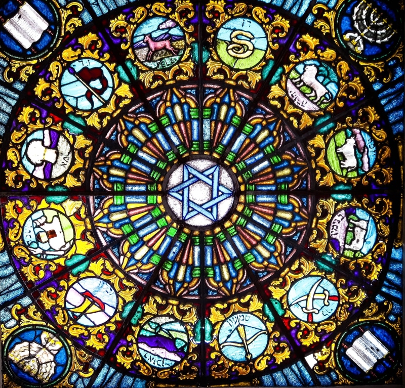 church window, architecture and art, built structure, cupola, place of worship, indoors, star of david, multi colored, star, religion, faith, glass - material