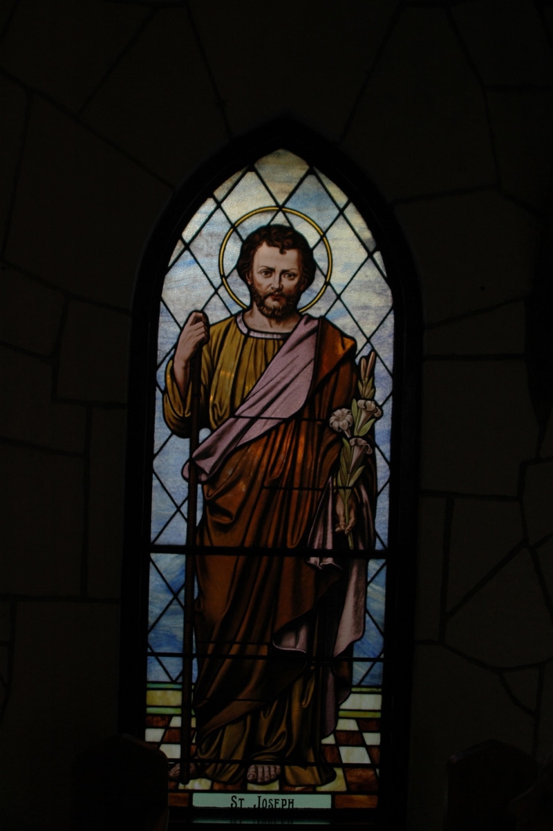 St Joseph, praying, place of worship, Stained Glass, chapel, window, one man only, people, architecture, religion, christianity, low angle view, cathedral