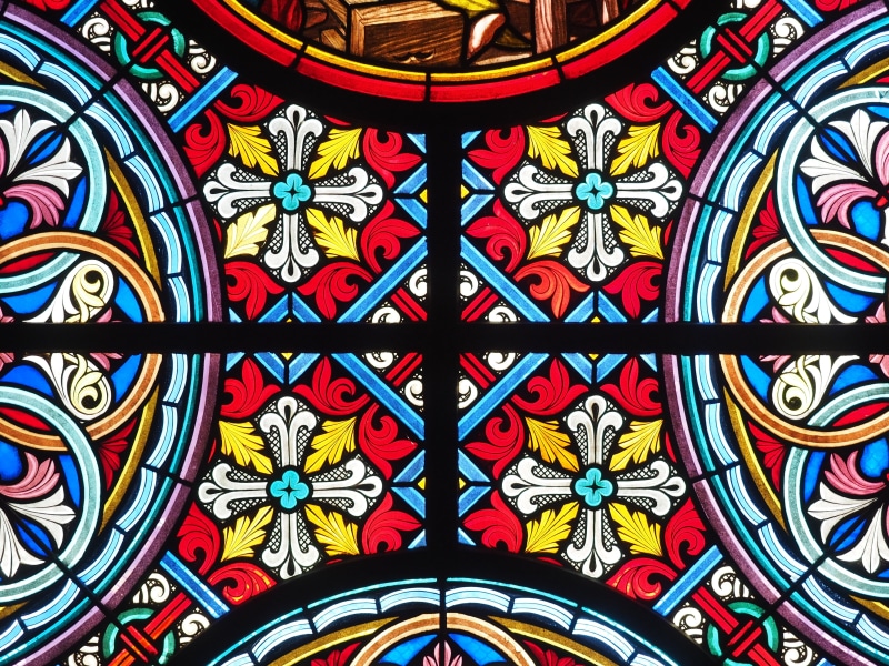 pattern, architecture, stained glass, creativity, indoors, full frame, window, glass window, place of worship, floral, architecture and art, basel cathedral