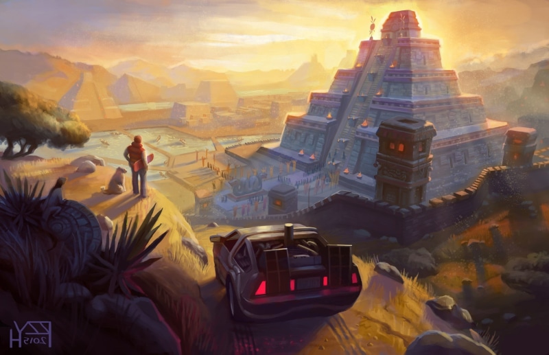artwork fantasy art back to the future delorean pyramid movies mayan aztec, 1080P