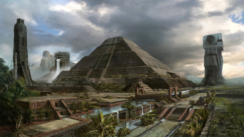 1080P, art, the city, pyramid, palm trees, Mayan Civilization