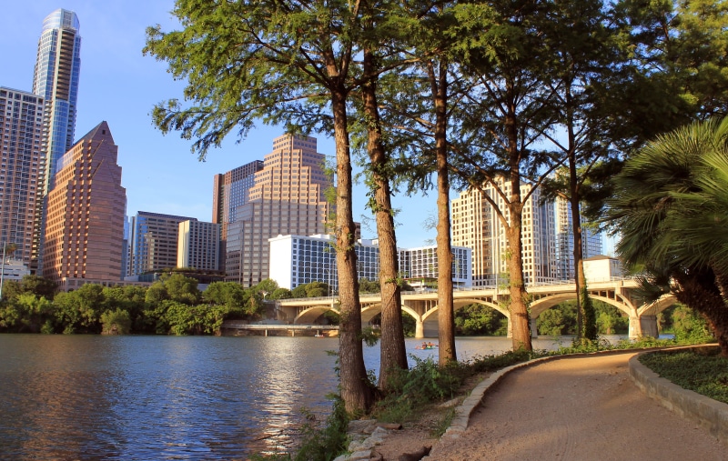 tall - high, tower, congress avenue bridge, built structure, nature, growth, water, austin skyline, office building exterior, building exterior, sky, direction