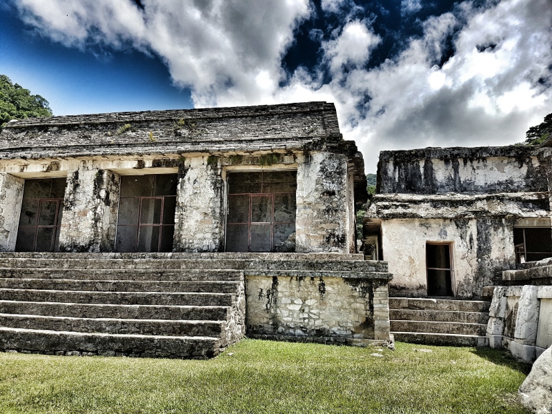 mexico, outdoors, architectural column, sky, building exterior, cloud - sky, ancient civilization, day, old, palenque, nature, no people, built structure