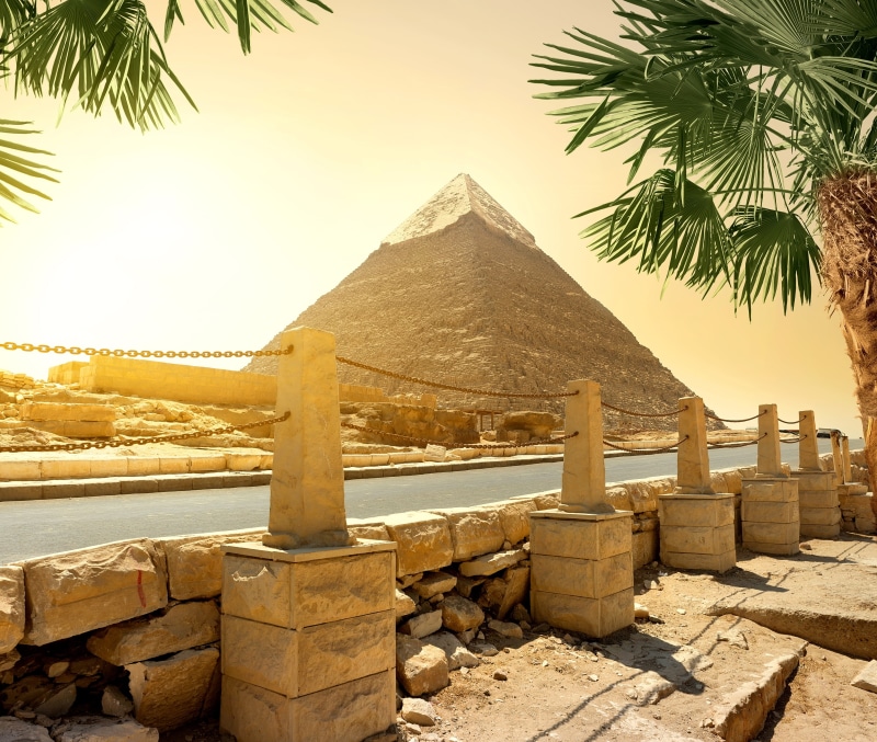 palm trees, stones, pyramid, 4K, road, Egypt, Cairo, the sun
