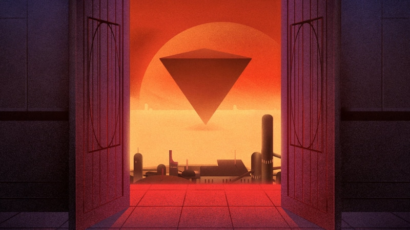 Sun, skyline, digital art, 1080P, gates, city, pyramid, science fiction, artwork, orange