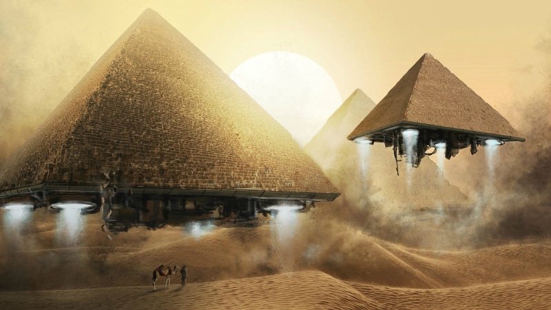 tranquility, sky, incidental people, hovel, ancient, digital composite, building exterior, tourism, water, house, pyramid, sea, summer, architecture, travel