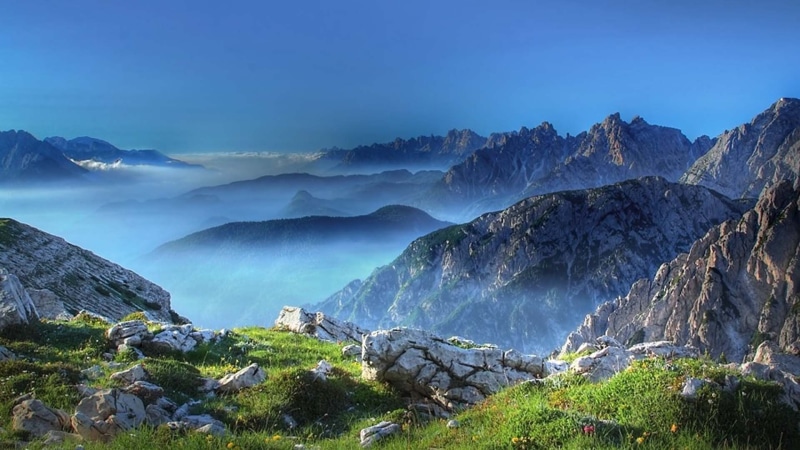 sunrise, landscape, 1080P, peaks, distant, mountains, morning, hd, rocky, fog