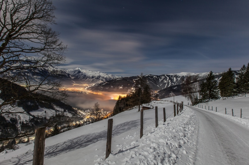 winter sports, roofs, kitzsteinhorn, darkness, snow, snow cannons, dri, mountains, white color, zell am see, pinzgau, sky, tranquil scene, runway, road