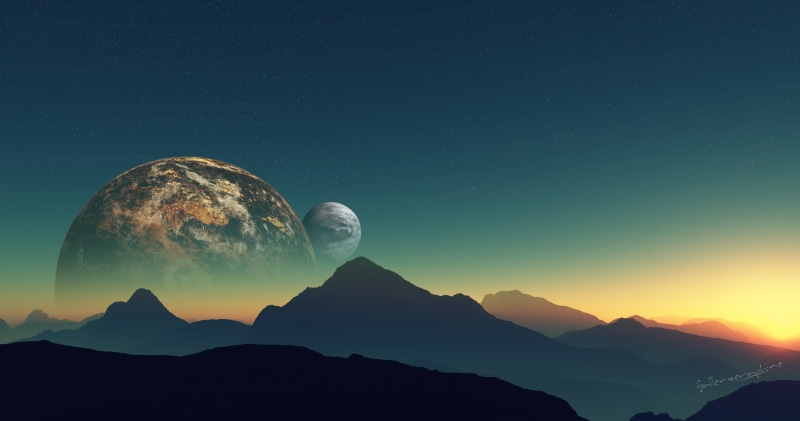 4K, Distant planet, Sunset, Moon, 4K, Horizon