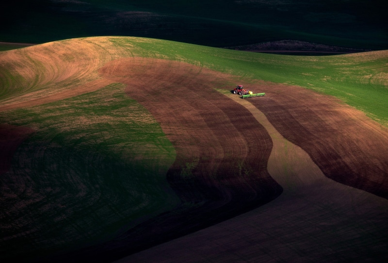 transportation, hill, nature, road, green color, environment, 1080P, landscape, land, field, motion, distant, aerial view, tractors, scenics - nature