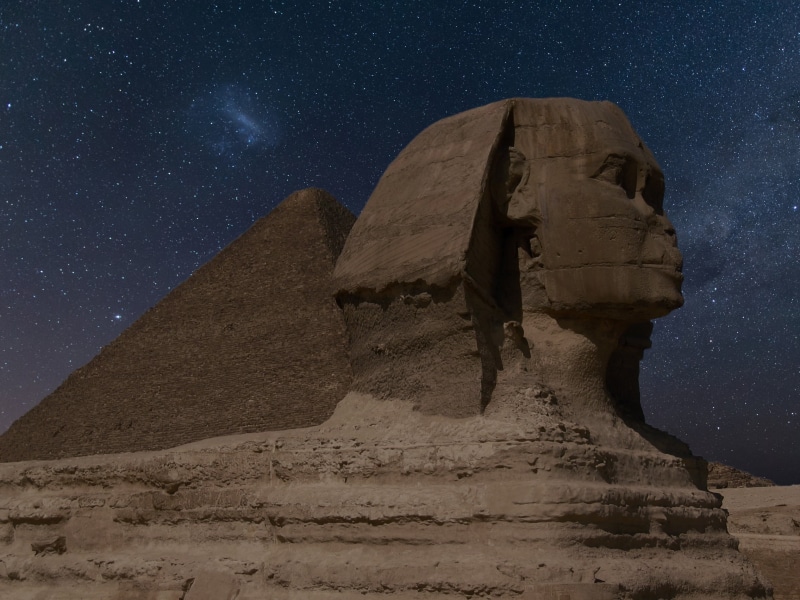 giza, spinx, cairo, old ruin, sphinx, outdoors, astronomy, sky, architecture, egypt, night, the past, galaxy, desert, 1080P, star field, space and astronomy
