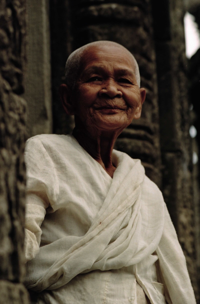 looking at camera, serenity, front view, white, sacred, real people, asia, monk, sister, traditional dress, wrinkled, thawb, angkor wat, day, senior adult