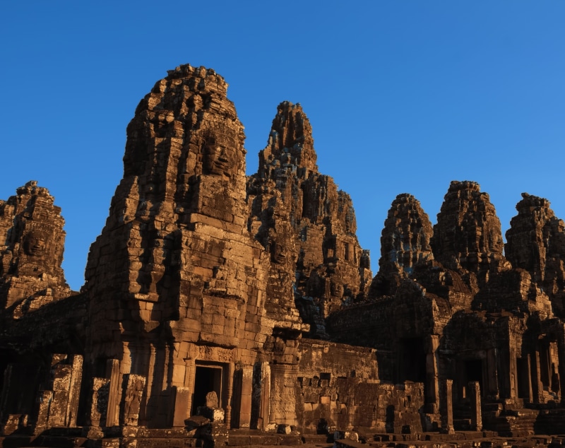travel, low angle view, Asia, nature, blue, ancient civilization, sky, built structure, 2K, temple, ruins, clear sky, archaeology, bayon, history, religion