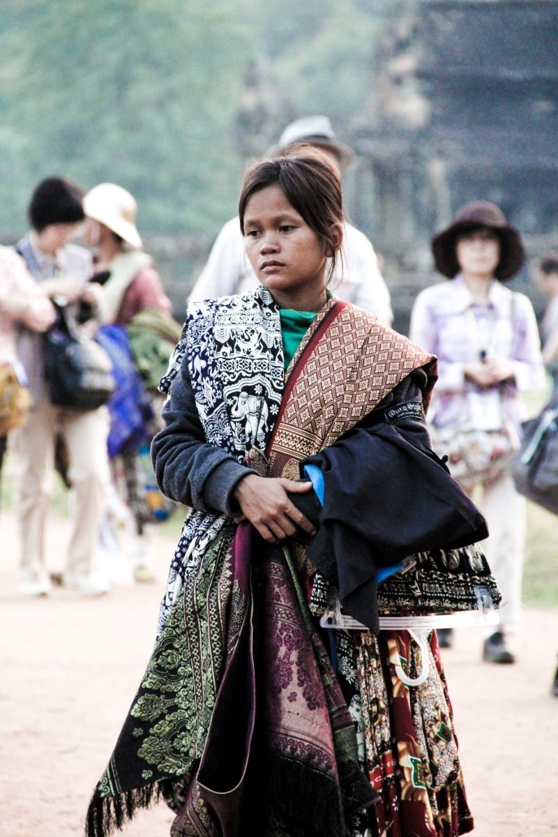 tourism, khmer, 2K, reap, cambodia, focus on foreground, traditional clothing, three quarter length, young adult, leisure activity, people, day, stone