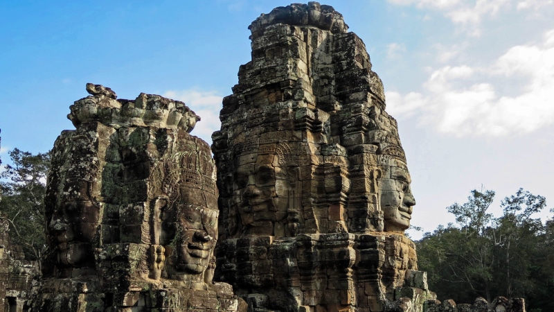 2K, built structure, no people, the past, outdoors, architecture, solid, tree, tourism, religion, asia, temple complex, cambodia, low angle view, ancient civilization
