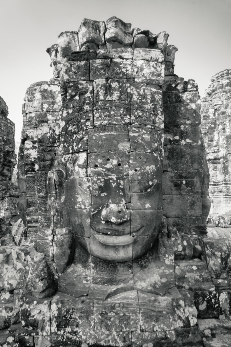 run-down, the past, old ruin, Siem Reap, outdoors, weathered, sky, Angkor Wat, black and white, buddha statues, close-up, 2K, day, building exterior, solid