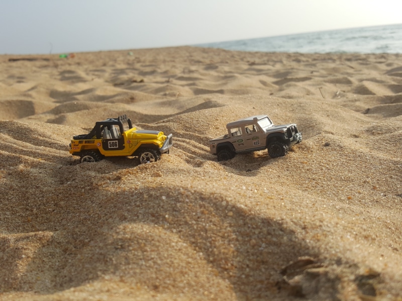 sunset, travel, mode of transportation, 4K, beach, land, transportation, toys, high angle view, car, motor vehicle, diecastphotography, day, land vehicle