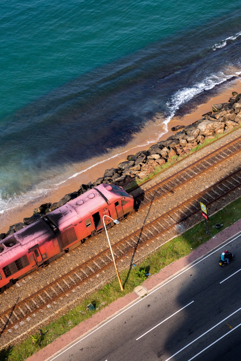 vehicle, tracks, sport, sea, sri lanka, land, colombo, railway, land vehicle, freight transportation, views, day, high angle view, rail, human, train track