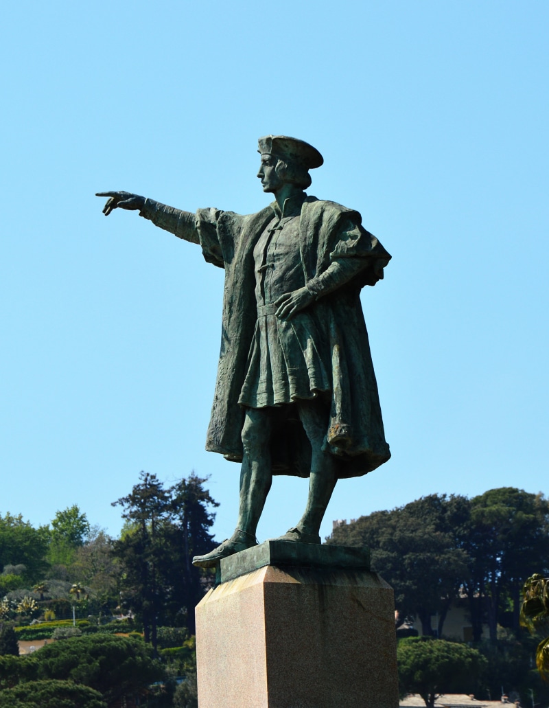 art and craft, male likeness, rapallo, low angle view, day, human representation, blue, architecture, sky, memorial, cristoforo colombo, 4K, creativity