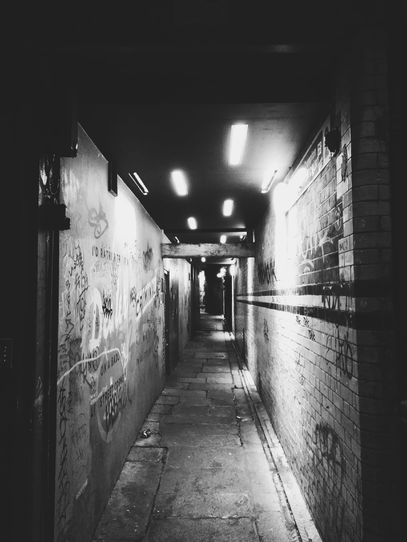 alley, building, creativity, no people, temple bar, direction, underground walkway, indoors, graffiti, wall - building feature, lighting equipment, architecture