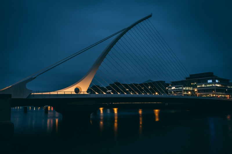 beckett, night, modern, blue, 5K, travel destinations, bridge, black, dockland, built structure, illuminated, light, night photography, no people, ireland
