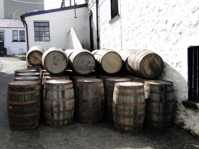whiskey barrels, sun, wooden barrels, building exterior, food and drink industry, wine, cylinder, building, no people, scotland, whisky, barrel, wine cask