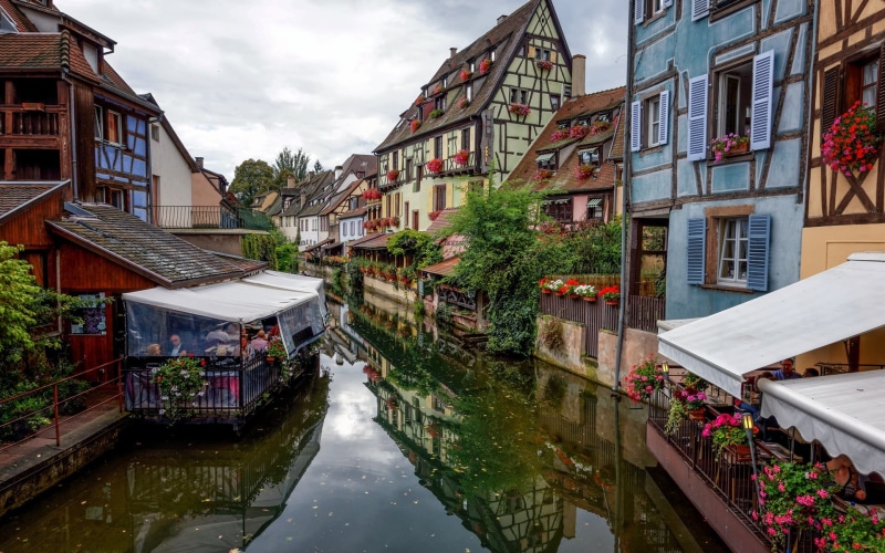 France, Cafe, Colmar, 1080P, River, Town, Houses