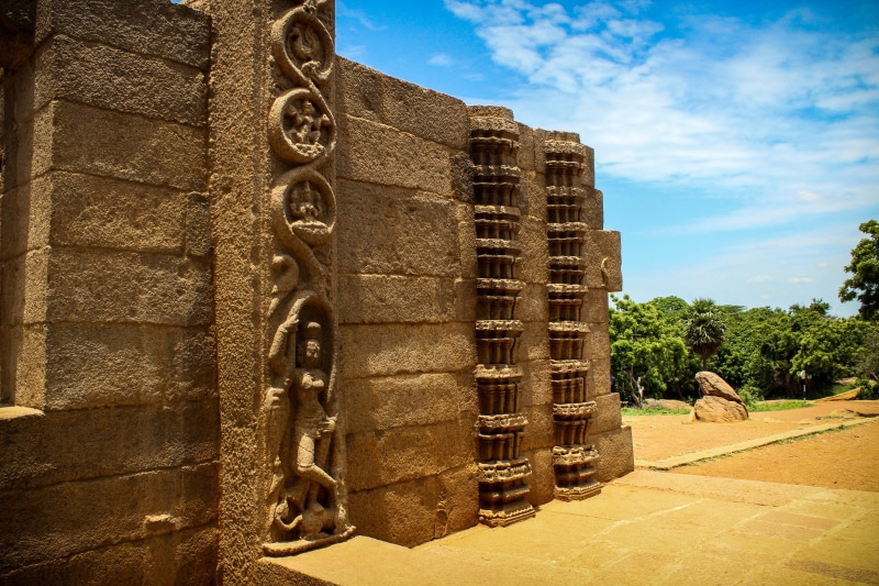 building exterior, mahabalipuram, day, stone carving, architecture, plant, tree, history, nature, the past, art and craft, sunlight, india, monument, cloud - sky
