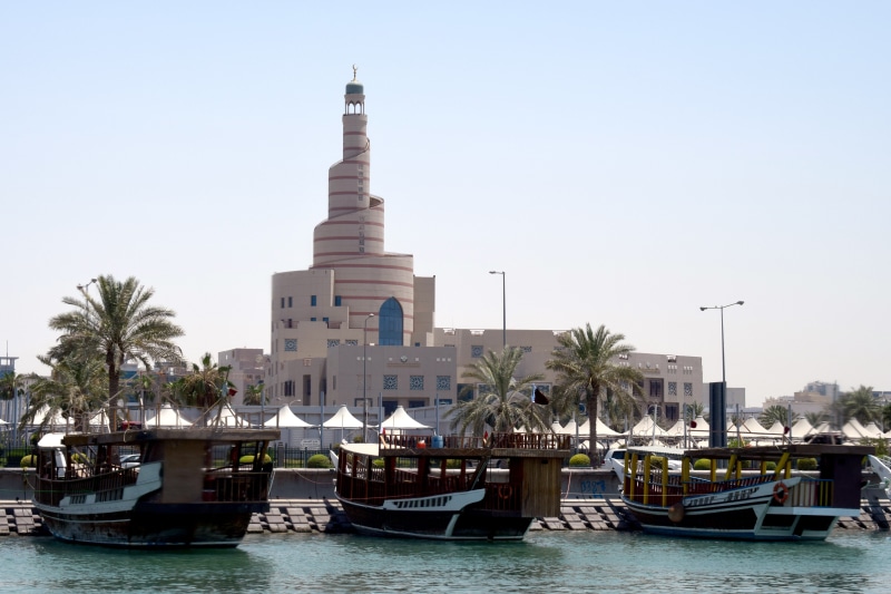 trees, palm trees, landscape, boat, nautical vessel, building exterior, mode of transportation, building, palm tree, sky, arabic, islamic architecture