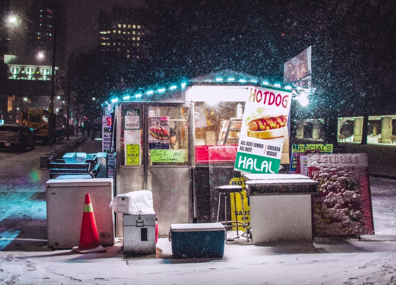 photo, choice, city, outdoors, container, well, hotdog, food, lighted, variation, text, sign, retail, built structure, booth, 4K, halal, dark, street