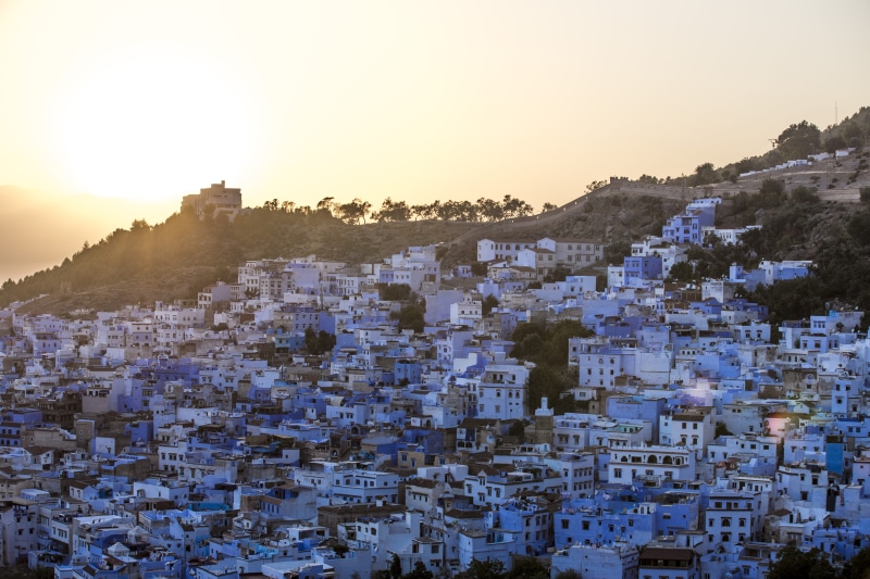 white, moroccan, cityscape, 5K, environment, building, mountain, scenics - nature, building exterior, no people, sunset, outdoors, residential district