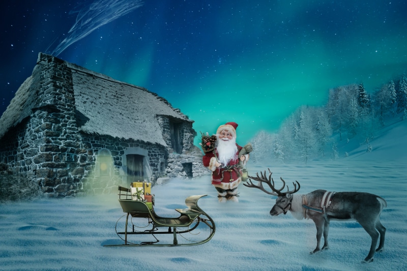 christmas card, santa, young adult, domestic, gifts, nature, slide, real people, reindeer, night, one person, aurora, full length, snow, 5K, winter, digital composite