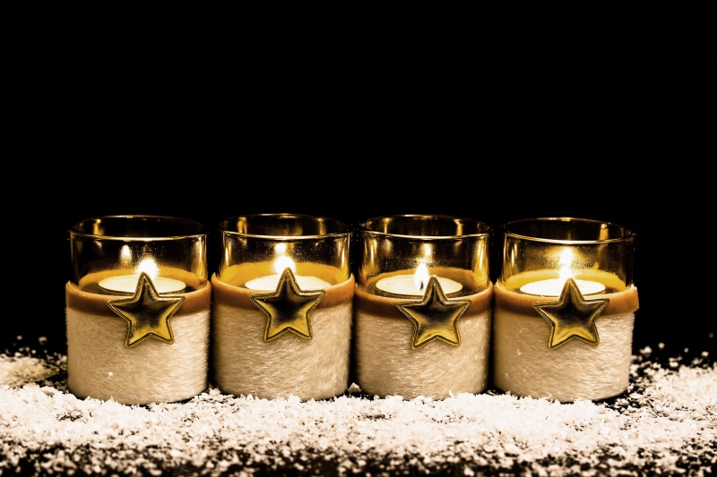 christmas time, container, side by side, indoors, candlelight, flame, 4, arrangement, gold, in a row, fourth advent, copy space, fire, christmas spirit