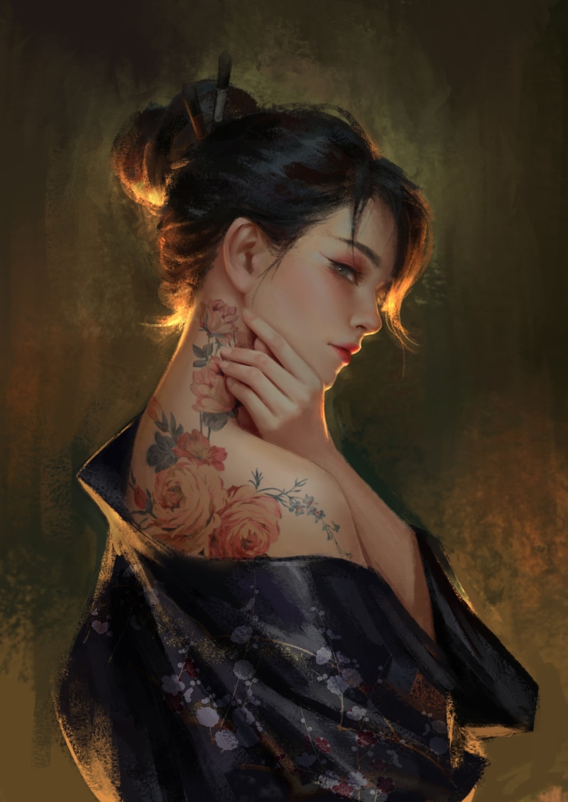 eastern, women, flowers, hairbun, 2K, tattoo, kimono
