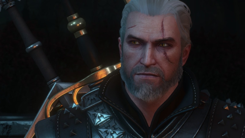 adult, shirt, males, 1080P, white, s, black background, lifestyles, Geralt of Rivia, mature adult, headshot, looking at camera, facial hair, night, button
