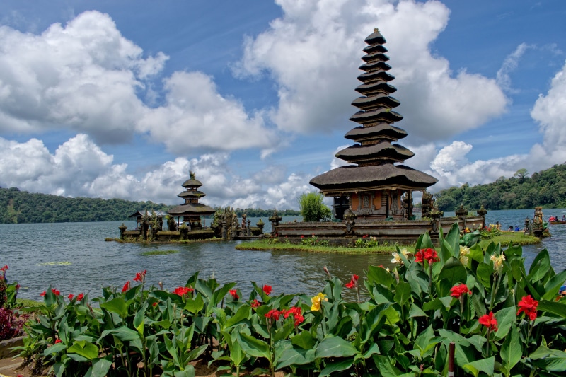 cloud - sky, spirituality, beratan, temple, bali, sky, architecture, building exterior, indonesia, outdoors, plant, nature, built structure, building, no people