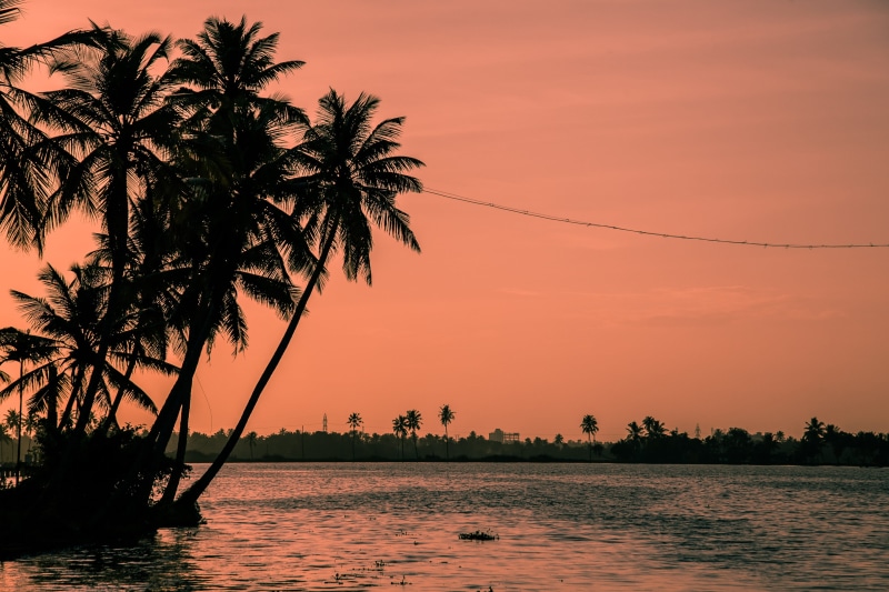 asia, coastline, beach, no people, india, dusk, travel, scenics - nature, near, kochi, idyllic, net, orange color, kerala, aleppay, sea, sunset, boat, tourist