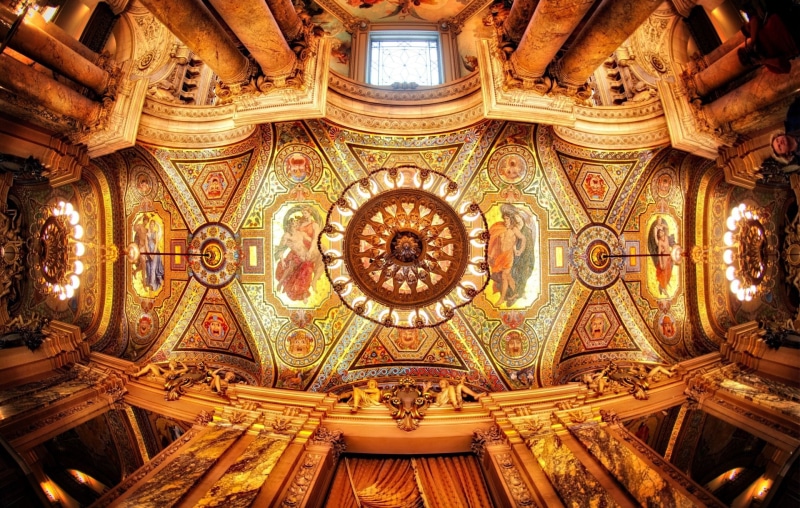 Ceiling, Paris, Chandelier, Man Made, The Paris Opera House, Sculpture, Palais Garnier, Painting, 1080P, Columns, Interior, Gilded