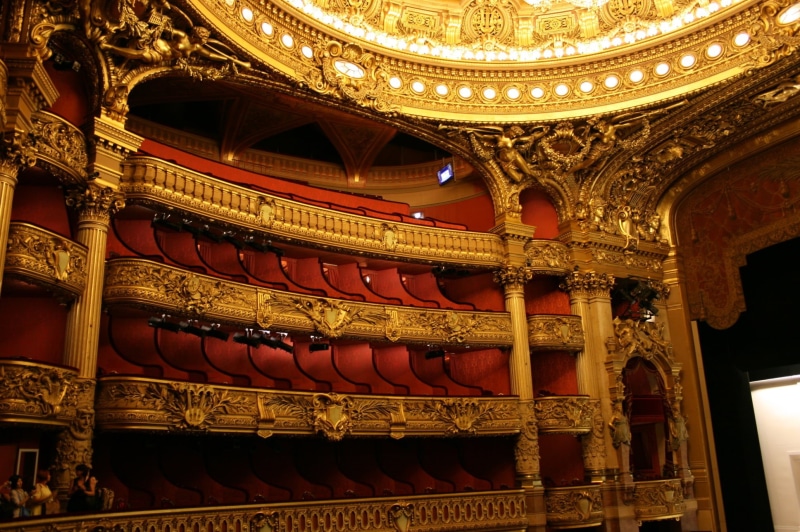 theater, gold colored, no people, opéra garnier, art and craft, arts culture and entertainment, ornate, lighting equipment, ceiling, history, architectural feature
