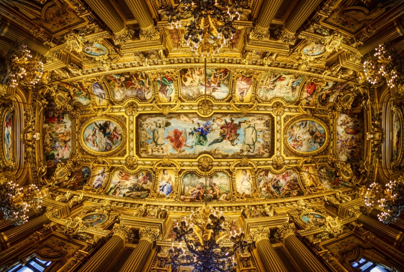 Man Made, The Paris Opera House, Paris, Columns, Ceiling, Palais Garnier, 5K, Chandelier, Interior, Painting, Gilded, Sculpture