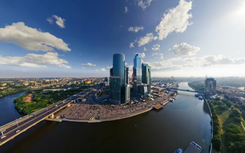 travel, aerial, Moscow, calm, transportation, view, modern, sky, rise, building exterior, near, lake, city, financial district, 1080P, Russia, office building exterior