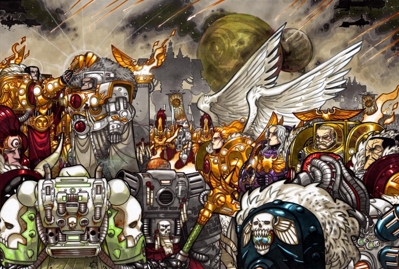 fantasy, robot, illustration, Holy, no people, amusement park, Astartes, large group of objects, character, art, shiny, heresy, variation, human representation
