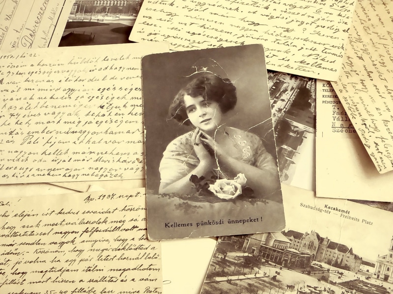 photograph, woman, text, retro styled, antique, communication, lifestyles, foliage, correspondence, porté, 1080P, paper, picture postcard, writing, the past