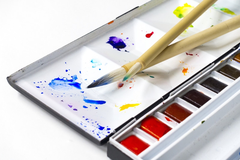 brushes, watercolors, white background, picture, colors, creativity, still life, art, beige, painting tools, color, writing brush, close-up, art and craft equipment