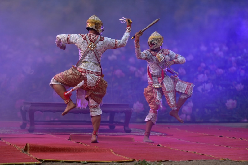 bangkok, sky, ancient, siam, show, adult, 5K, motion, khon, bran, multi colored, outdoors, creativity, pink color, performance, culture, stage - performance space