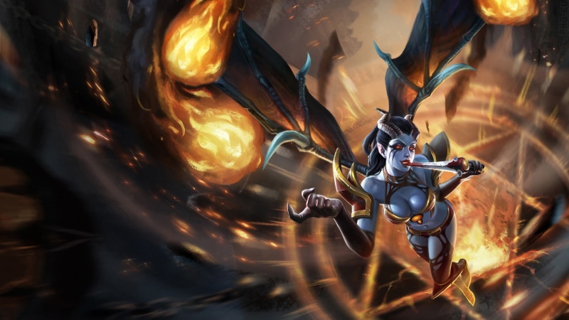 defense, Queen of Pain, fire, Defense of the Ancients, knife, 1080P, girl, wings, blood, pentagram, claws, armor, ancients, DotA