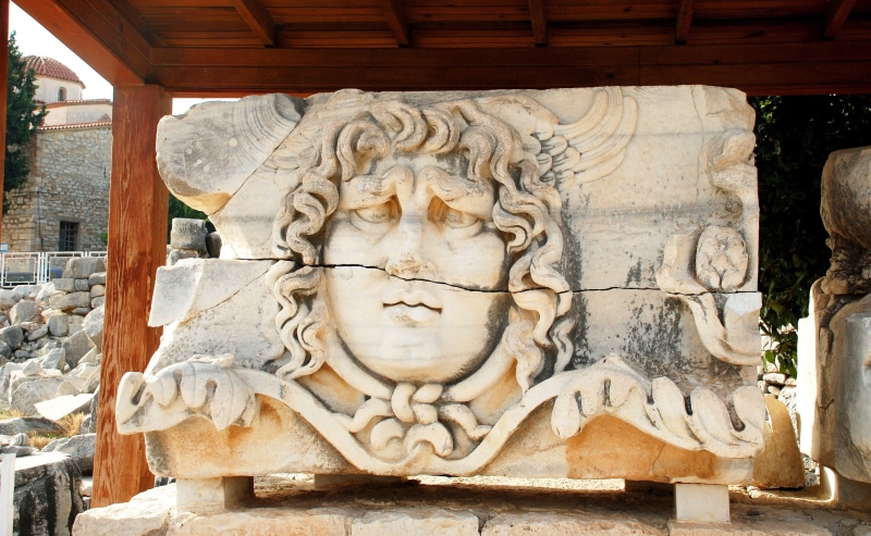 religion, ruins, carving - craft product, statue, close-up, built structure, greece, medusa, turkey, stone material, travel, no people, roman empire, representation